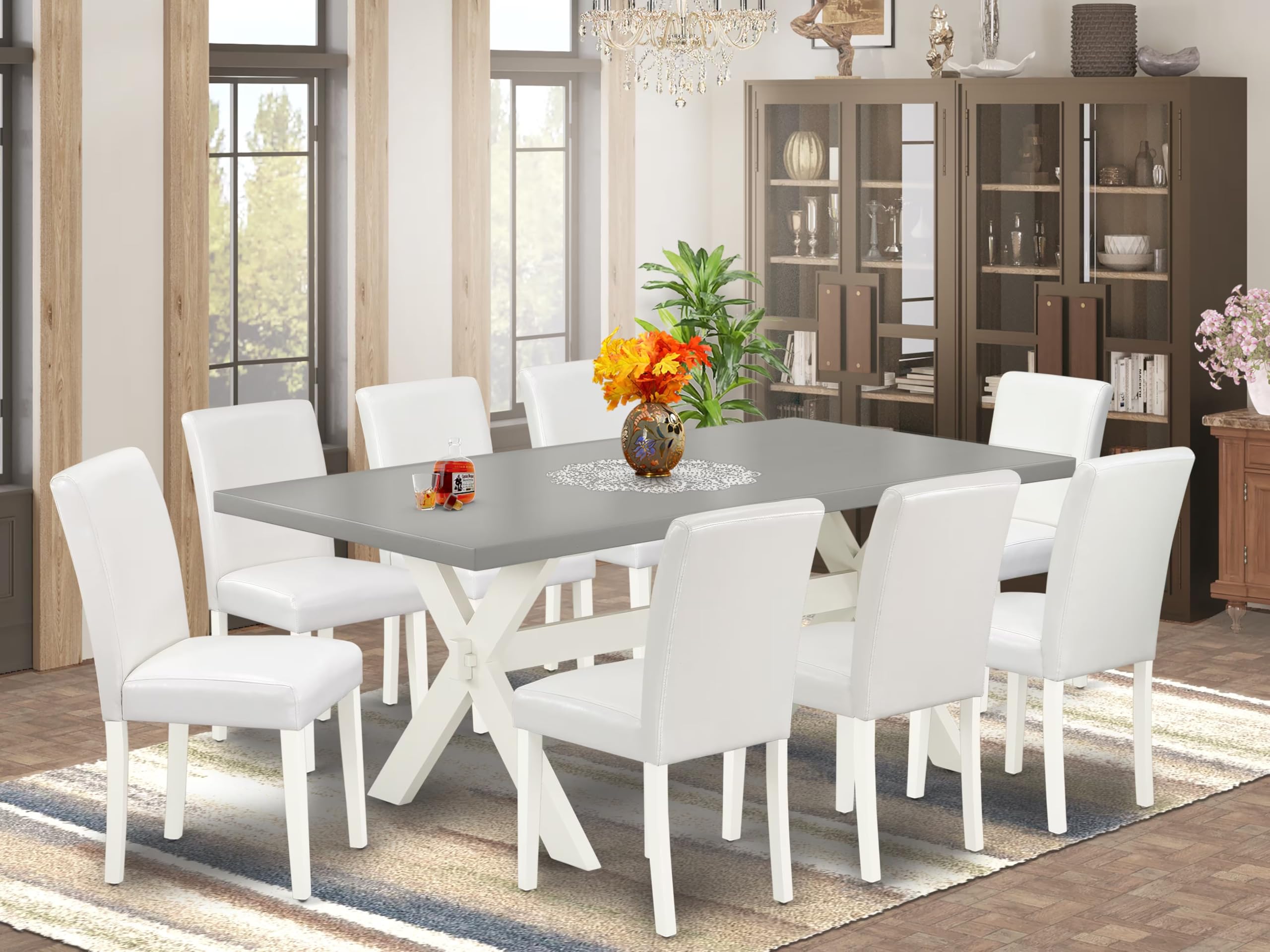 East West Furniture X097Ab264-9 9 Piece Dining Table Set Includes A Rectangle Kitchen Table With X-Legs And 8 White Faux Leather Parson Dining Room Chairs, 40X72 Inch, Multi-Color